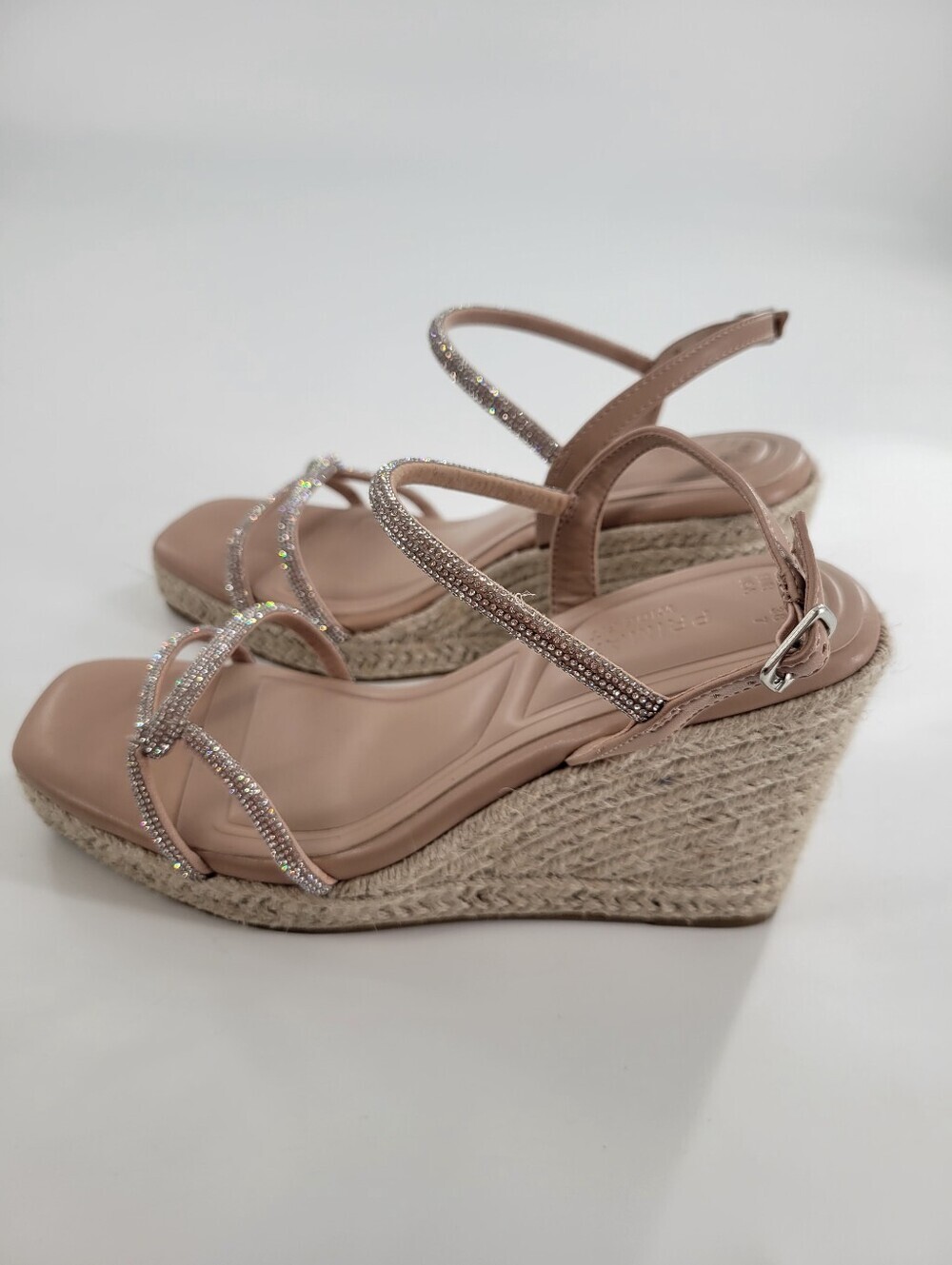 Prima Fit Women's Cream Rhinestone Espadrille Wedge Sandals Size 7 Wide